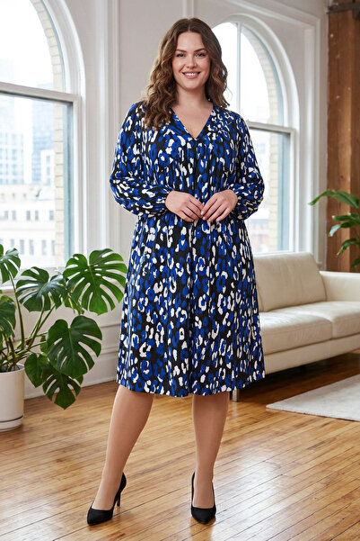 Stil Diva Rochie midi din țesătură cu mâneci lungi, cu decolteu în V, mărime mare 615818