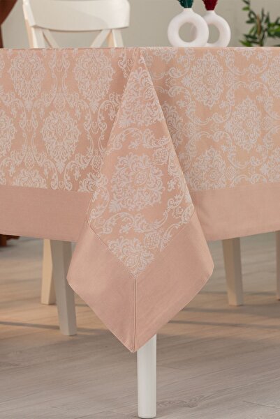Tropikhome Pamuklu Damask Desen Bej Renk Lüks Masa Örtüsü 160x220 Cm