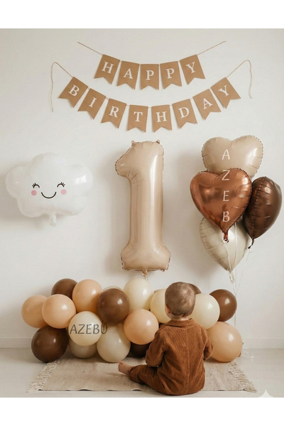 Azebu 1 Yaş Retro Doğum Günü Seti; Krem Rakam Folyo, Banner, Kalp Folyo ve La...