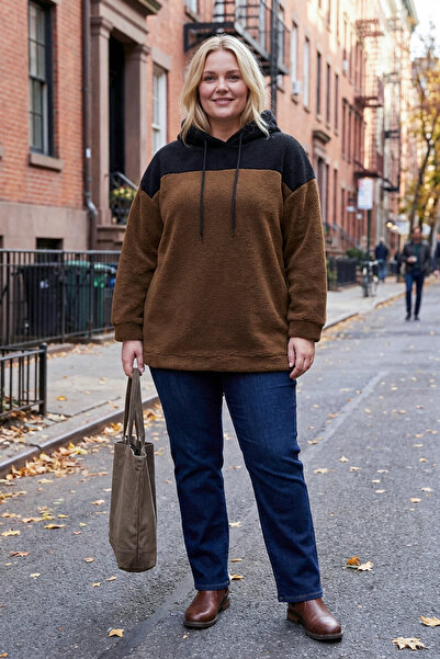 Stil Diva سويت شيرت قطيفة بأكمام طويلة مقاس كبير مع غطاء للرأس وجيب 303794