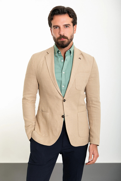 Genel Markalar Slim Fit Erkek Mono Yaka Torba Cep Ham Keten Spor Ceket