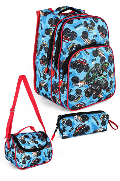 LUGMO 3 Lü İlkokul Çanta Seti Erkek Çocuk Çantası Astarlı Ofd Road Araba Mavi