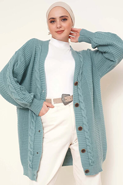 LUGMO سترة نسائية محبوكة 5 أزرار 80 سم أخضر نعناعي