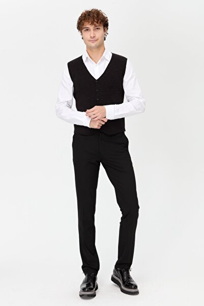 Desen Triko Men's V-Neck Fine Knitwear Vest Anthracite