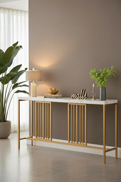 TOLIAHOME Petek Üstü Raf Beyaz Mermer-Gold Renk Metal Iskeletli Özel Tasarım Dresuar Ve Konsol Bar Masası