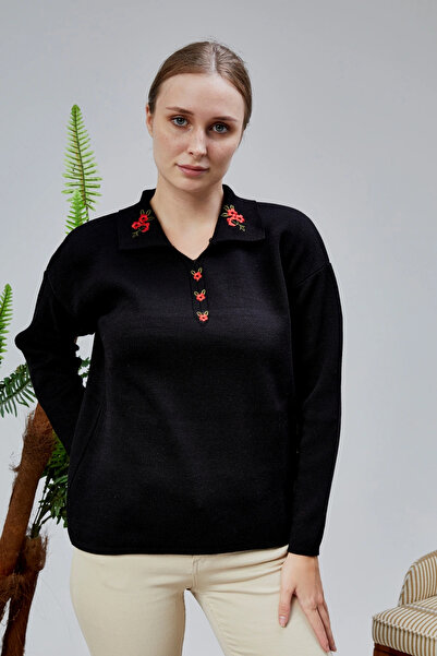 LUGMO Pulover de damă cu guler polo oversize cu broderie florală, negru