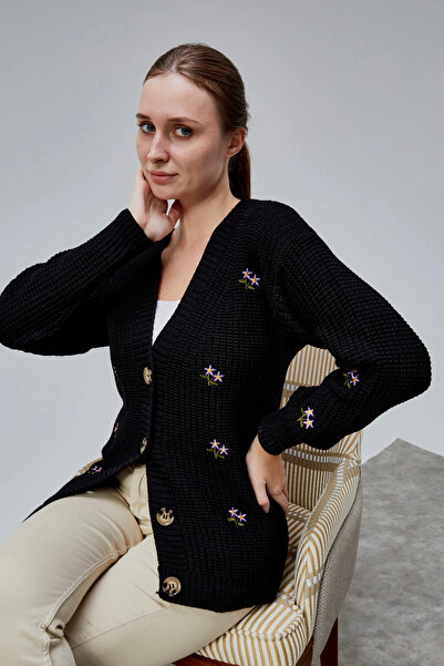 LUGMO Women's Knitwear Cardigan Flower Embroidered Standard Size Black