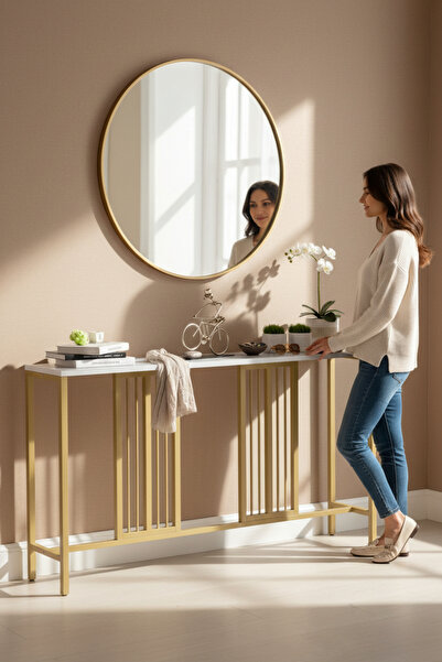 TOLIAHOME Petek Üstü Raf Beyaz-Gold Renk Metal İskeletli Özel Tasarım Dresuar ve Konsol Bar Masası