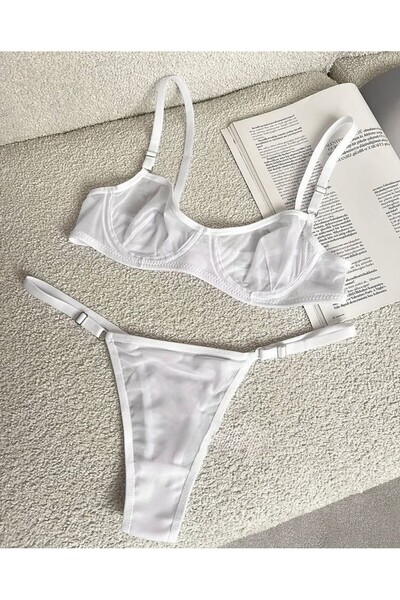 Fanwet Women's Tulle Detailed Thong Bra Fancy Underwear