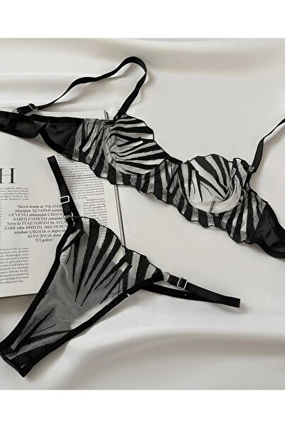 Fanwet Set de sutien tanga cu model zebră pentru femei, cu detalii din tul, l...