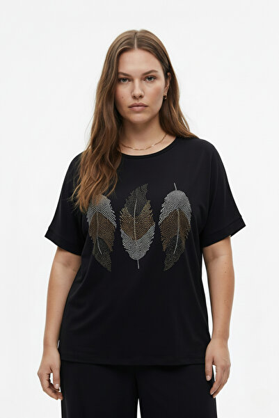 Mivoon Yaprak Tasarım Taş Detaylı Bambu Yarasa Kol Bluz M-6XL