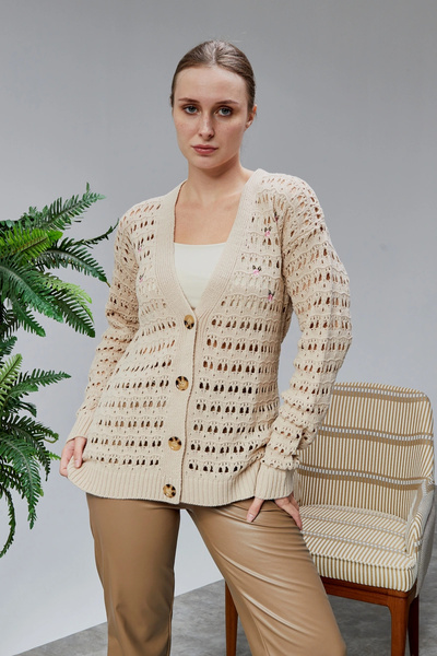 LUGMO Women's Knitwear Cardigan Flower Embroidered Perforated Standard Size S...