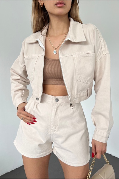 Fav Style Jachetă de damă, cu fermoar, cu buzunar dublu, crop din denim, bej