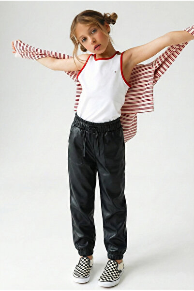 Girls / Girls Black Leather Trousers with Laces