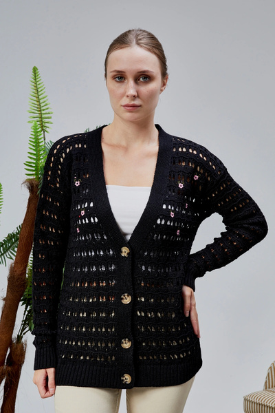 LUGMO Women's Knitwear Cardigan Flower Embroidered Perforated Standard Size B...