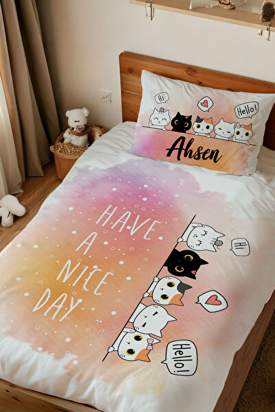 Homamia İsme Özel Baskılı %100 Pamuk Tek Kişilik Nevresim Takımı Kediler