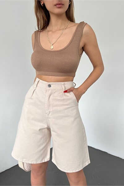 Fav Style Kadın Yüksek Bel Bermuda Geniş Paça Kot Şort Krem