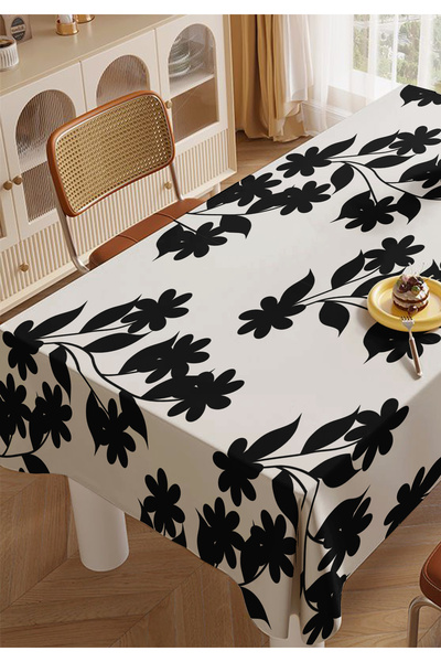 ALAMODECOR Black Floral Kitchen Living Room Tablecloth on White Background