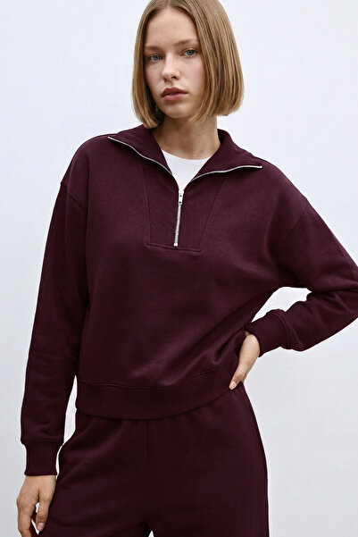 VODENS سترة ياقة مرتفعة متوسطة الطول ذات ملمس ناعم باللون الأحمر الداكن بسحّاب