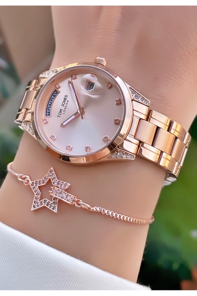 Tom Jones ساعة يد نسائية باللون الذهبي الوردي للموسم الجديد - هدية سوار