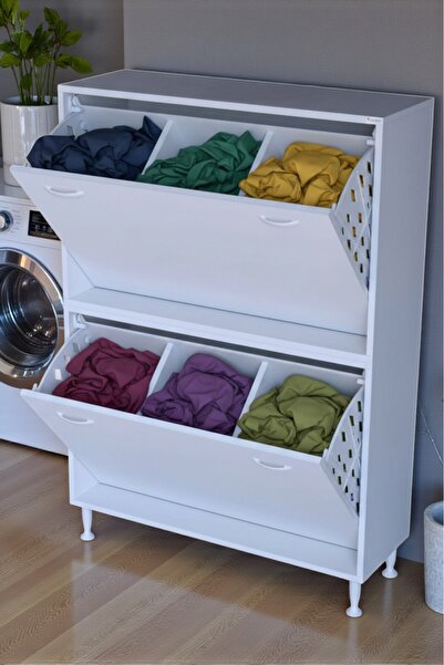 Eliusta Veluna 90 cm Kirli Çamaşır Sepetli Dolap Banyo Dolabı Beyaz 90x173x32...