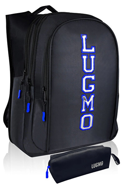 LUGMO Üç Gözlü İçi Astarlı Pedli Okul Çantası ve Kalemlik Ortaokul Lise Çantası Armalı Mavi