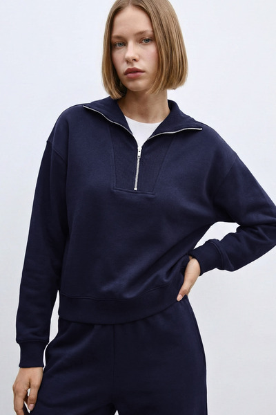 VODENS سترة رياضية ذات ملمس ناعم ياقة مرتفعة متوسطة الطول باللون الأزرق الداكن بسحّاب