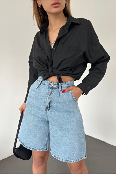 Fav Style Γυναικείο ψηλόμεσο βερμούδα φαρδύ τζιν σορτς γαλάζιο