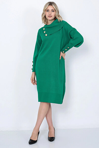 LUGMO Πλεκτά Μακρύ Γυναικείο Φόρεμα γιακά με Κουμπιά Πράσινο