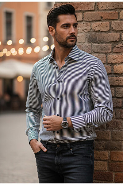 YusGos قميص رجالي بأكمام طويلة مصنوع من القطن بنسبة 100% ومخطط ومقاس عادي