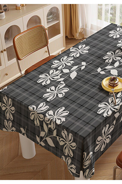 ALAMODECOR Față de masă vintage neagră în carouri florale pentru bucătărie Fa...