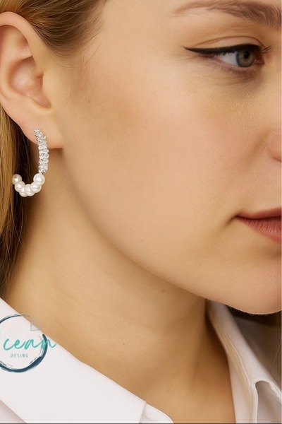 OCEANDESING Ocean Desing İncili Zirkon Taşlı Gümüş Renk Pirinç Halka Kadın Kü...