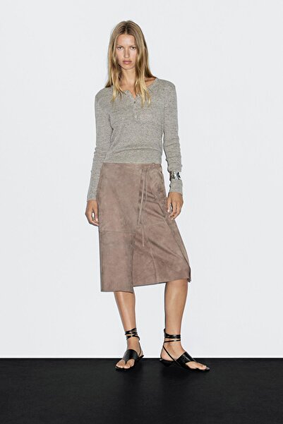 Massimo Dutti Süet deri kruvaze midi etek