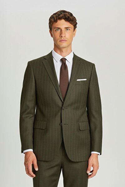 Sabri Özel Haki Slim Fit Çizgili Mono Yaka Takım Elbise