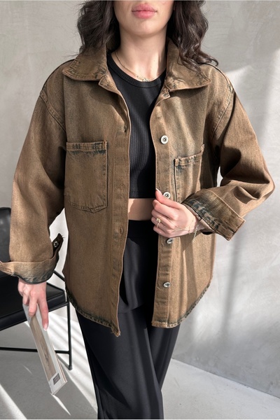 Fav Style Women's Oversize Long Sleeve Double Pocket Jacket Washed Brown