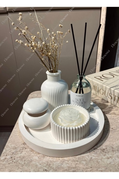 Elmessa 5li dekoratif set-Çizgili Vazo,Takı Saklama Kutusu,Oda kokusu,Mum