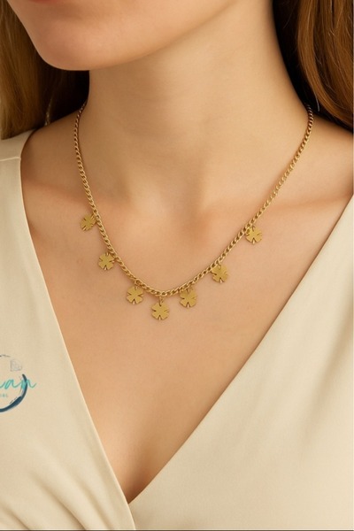 OCEANDESING Çelik Gold Renk Çoklu Yonca Tasarımlı Kolye