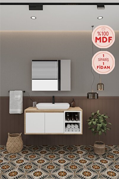 BALNEOM Lale Beyaz 100 Cm %100 Mdf Lavabolu Banyo Dolabı + Aynalı Dolap