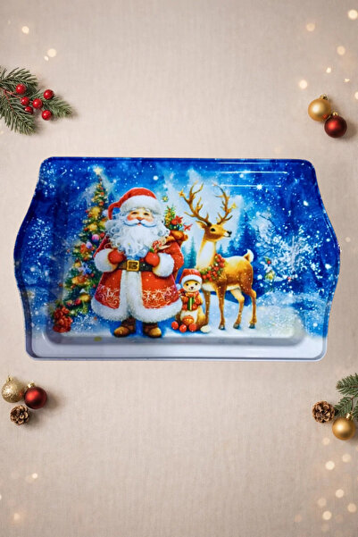esdekor Christmas Themed Santa Claus Pine Deer Metal Serving Tray 24.5X15.7Cm 1 Piece Gold Decorative on the Back