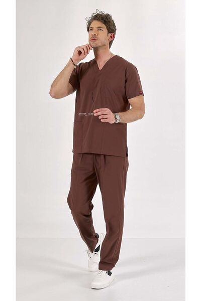 Uçak Medikal Kakao U-flex Likralı Scrubs Takım Doktor & Hemşire Forması