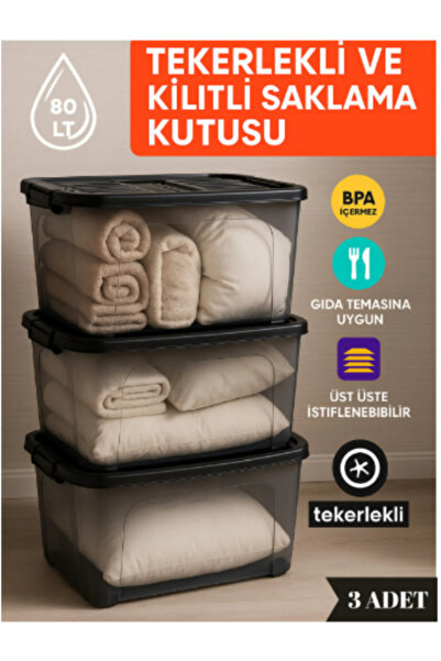 Loremp Tekerlekli Saklama Kutusu Düzenleyici 80 LT Saklama Kabı 3 Adet Çok Am...