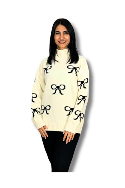 YusGos Women's Cream Half Turtleneck Bow Patterned Bearded Knitwear Sweater