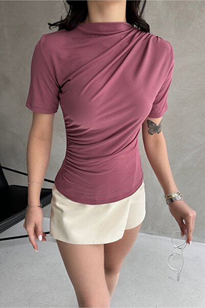 Fav Style Kadın Sıfır Yaka Kısa Kollu Omuz ve Bel Büzgülü Bluz Gül Kurusu