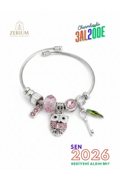 ZERİUM Modern Çelik Şık Kadın Charm Bileklik Baykuş ve Anahtar