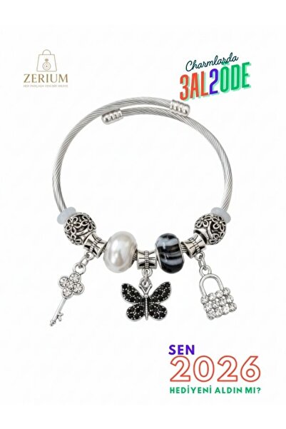 ZERİUM Modern Çelik Şık Kadın Charm Bileklik Kelebek ve Anahtar