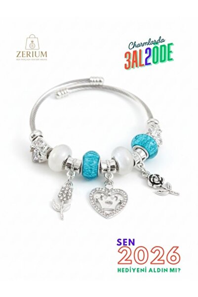 ZERİUM Modern Steel Stylish Women's Charm Bracelet Heart with Tulip and Crown