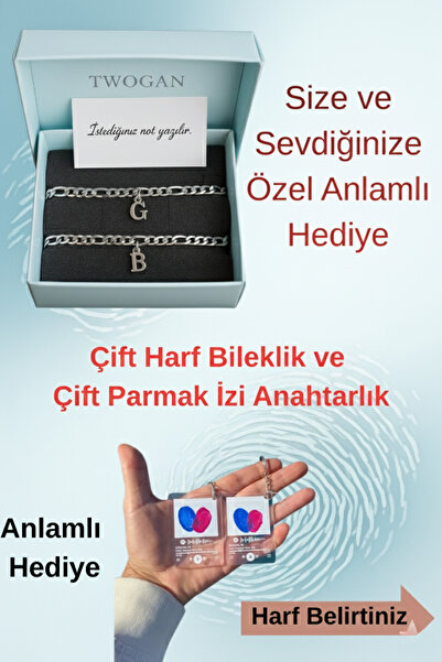 TWOGAN Çelik Çift Harf Bileklik ve Parmak İzi Şarkılı Anahtarlık Set, Sevgiliye, Arkadaşa Hediye, BFF