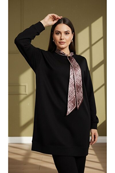 Curly Black Modal Fabric Tunic with Scarf Collar