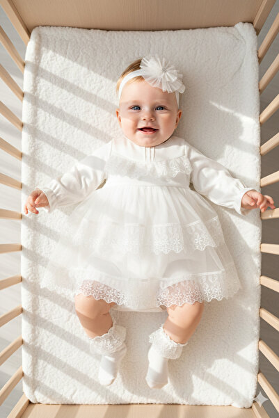 Miniday Baby Kız Bebek Mevlütlük Elbise Bandanalı Dantelli