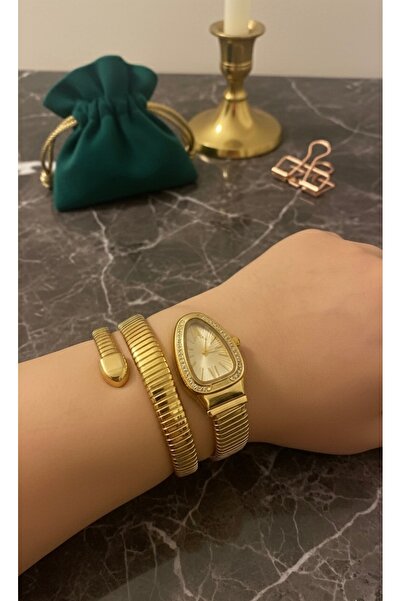 Yegane Kadın Gold Renk Yılan Model Spiral Bilezikli Şık Tasarım Kol Saati